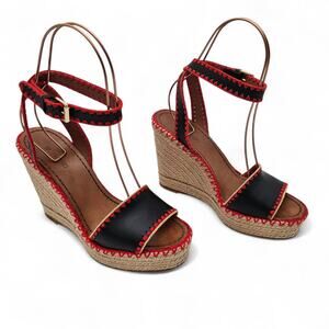 Valentino Garavani Espadrille Wedge Sandal Crochet Black Leather 39.5 US 9.5